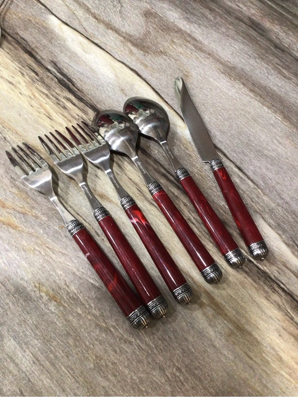 Red Marbled Acrylic Handle Flatware Set Stainless Steel Ornate 6 Piece